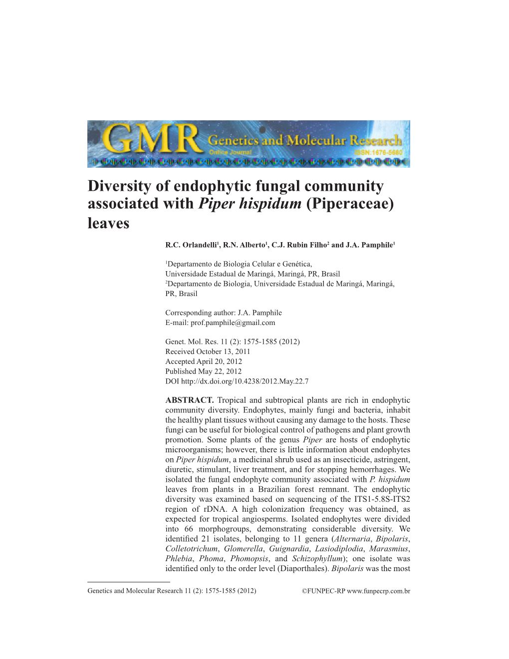 Diversity of Endophytic Fungal Community Associated with Piper Hispidum (Piperaceae) Leaves