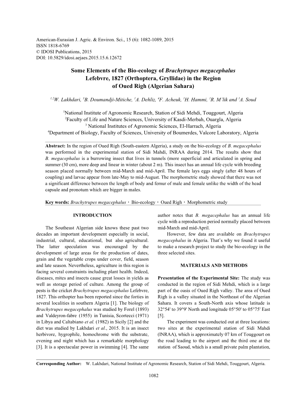 Some Elements of the Bio-Ecology of Brachytrupes Megacephalus Lefebvre, 1827 (Orthoptera, Gryllidae) in the Region of Oued Righ (Algerian Sahara)