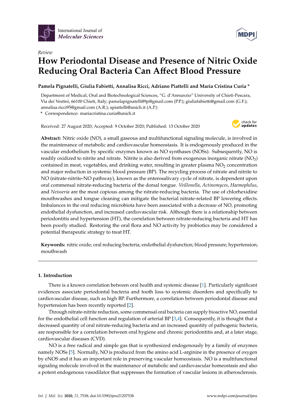 How Periodontal Disease and Presence of Nitric Oxide Reducing Oral Bacteria Can Aﬀect Blood Pressure