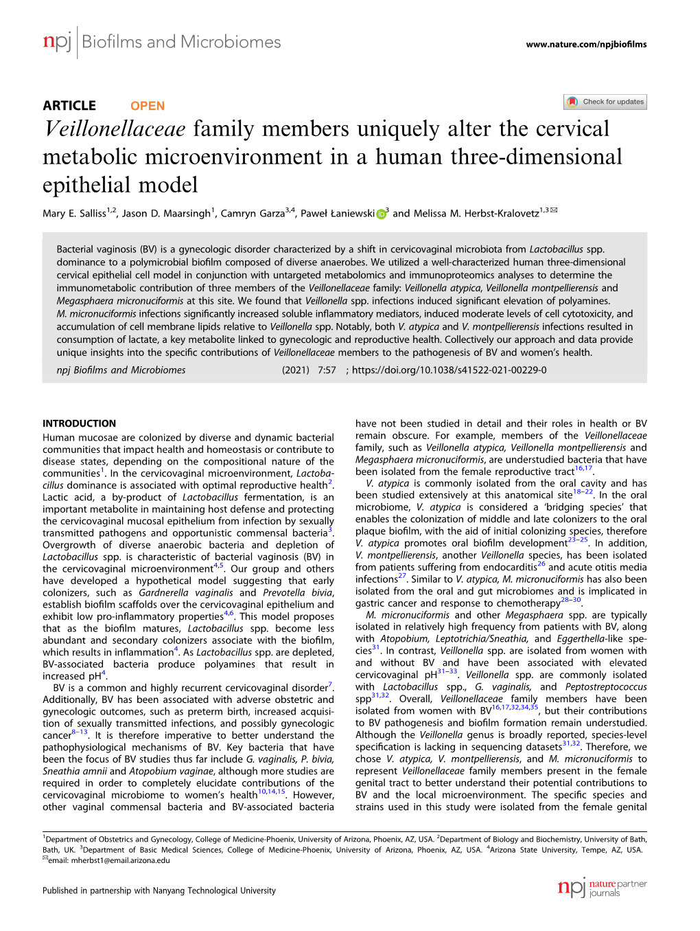 Veillonellaceae Family Members Uniquely Alter the Cervical Metabolic Microenvironment in a Human Three-Dimensional Epithelial Model ✉ Mary E