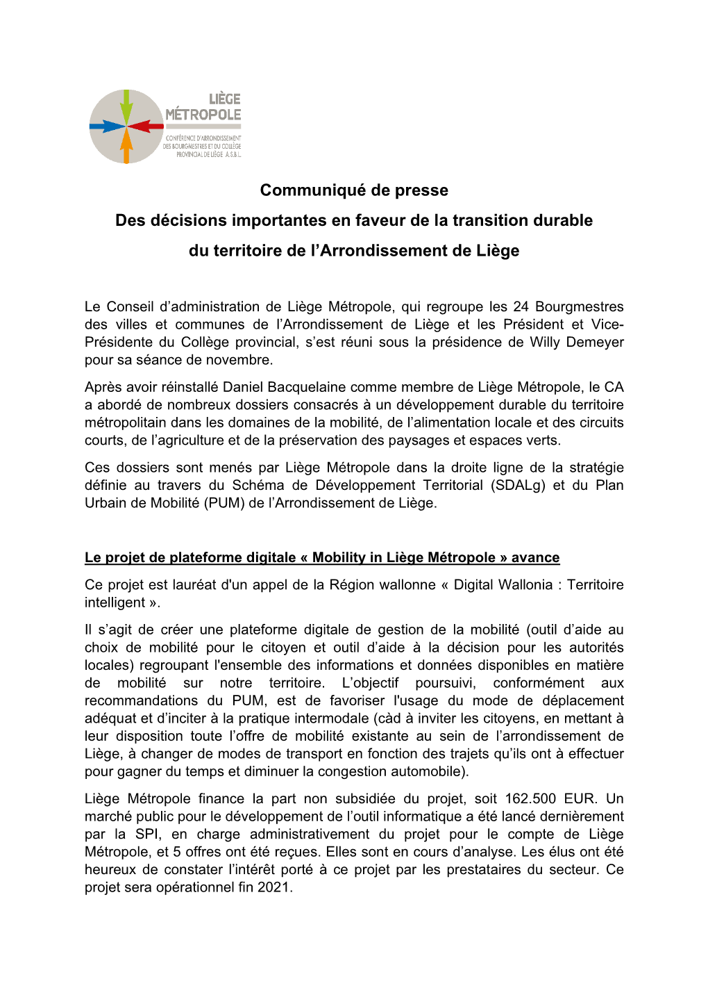 Communiqué De Presse De Liège Métropole Du 04/12/20 10 Projets Dans 15 Villes Et Communes En Faveur De La Mobilité Douce Et De La Multimodalité