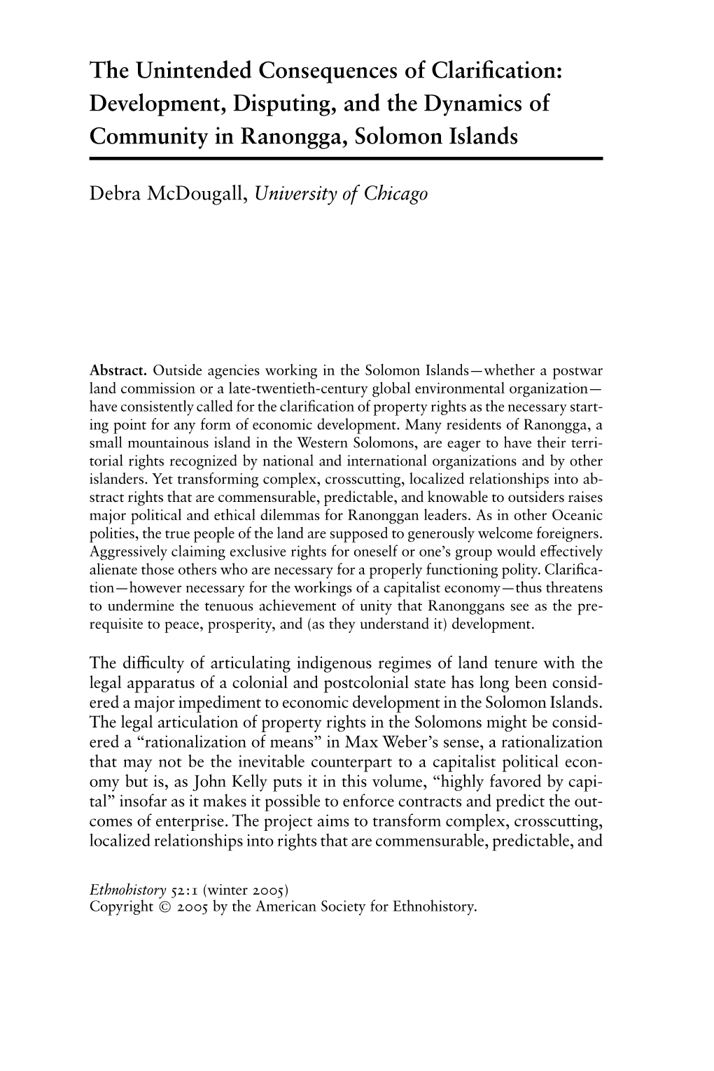 Development, Disputing, and the Dynamics of Community in Ranongga, Solomon Islands