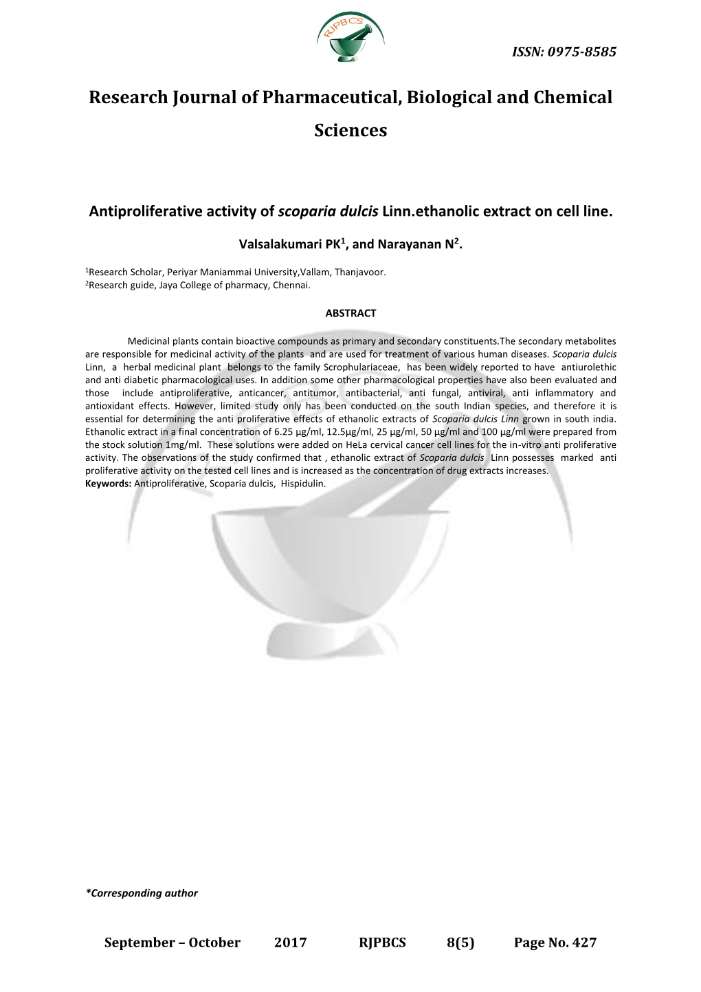 Antiproliferative Activity of Scoparia Dulcis Linn.Ethanolic Extract on Cell Line