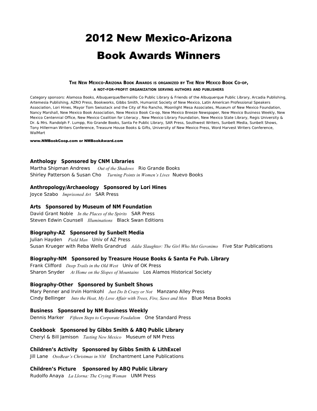 The New Mexico-Arizona Book Awards Is Organized by the New Mexico Book Co-Op