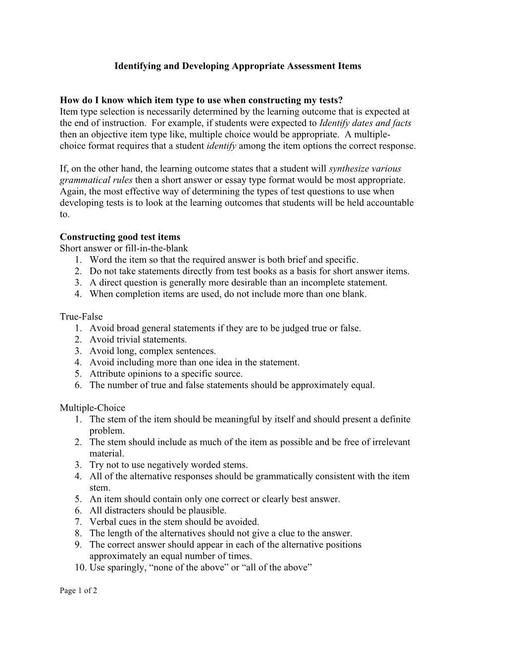 Identifying and Developing Appropriate Assessment Items