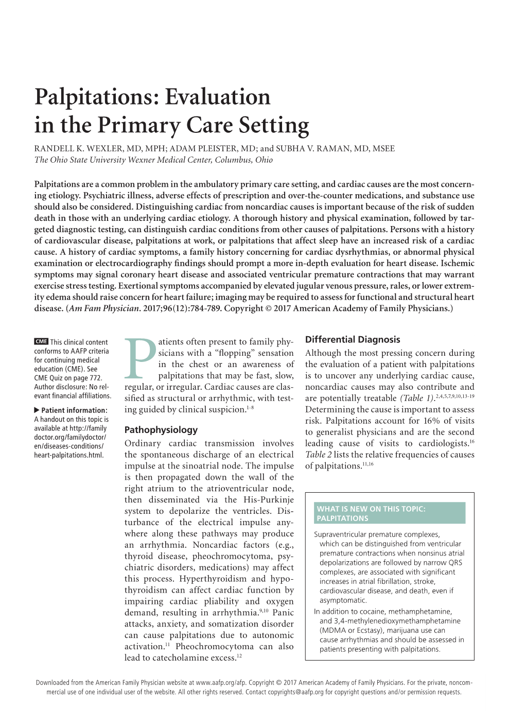 Palpitations: Evaluation in the Primary Care Setting RANDELL K