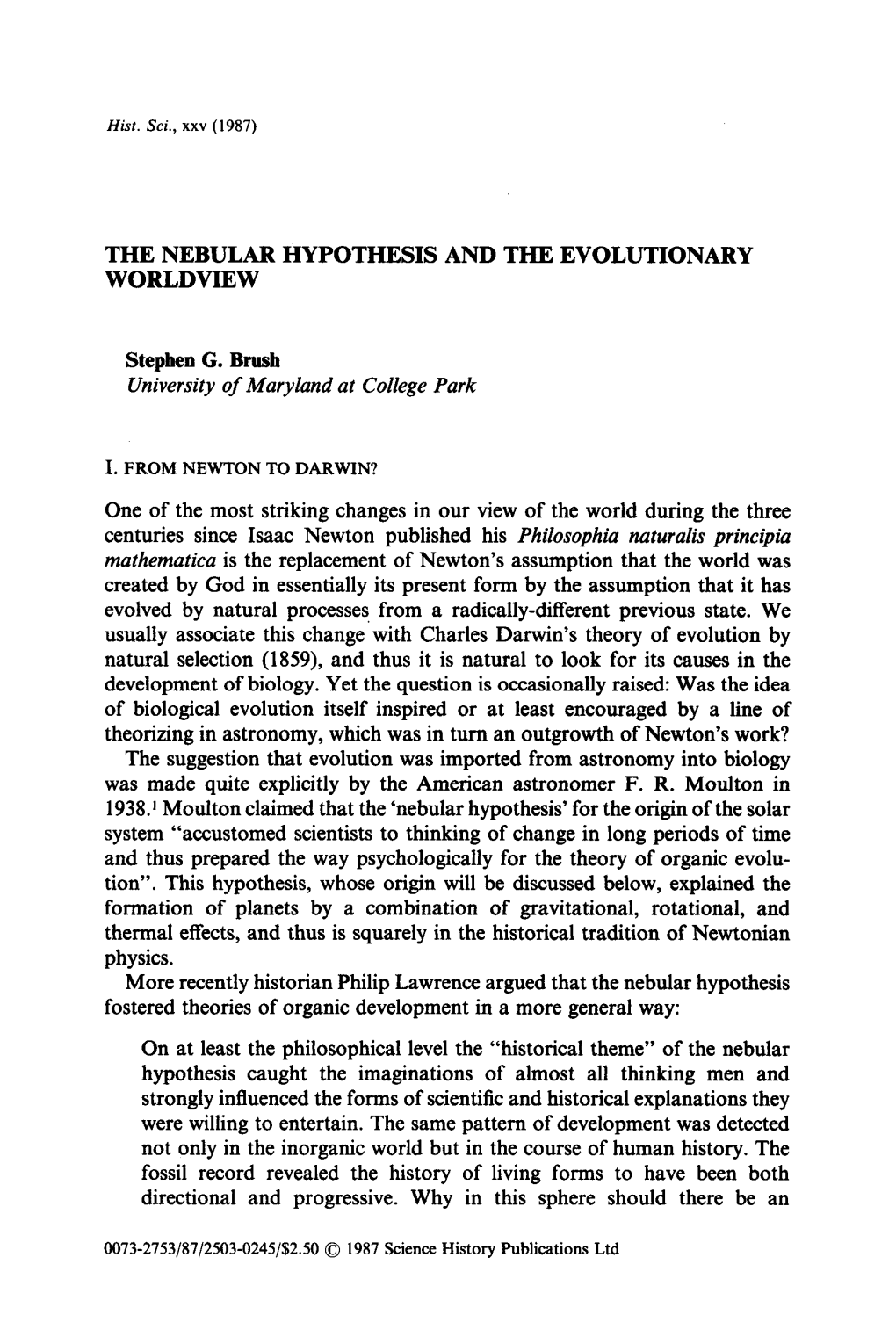 The Nebular Hypothesis and the Evolutionary Worldview