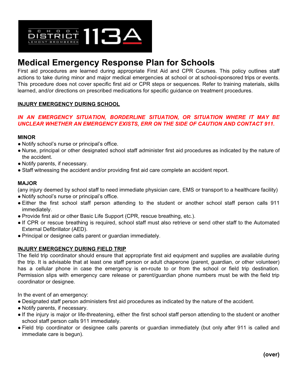 Medical Emergency Response Plan for Schools 2020-2021