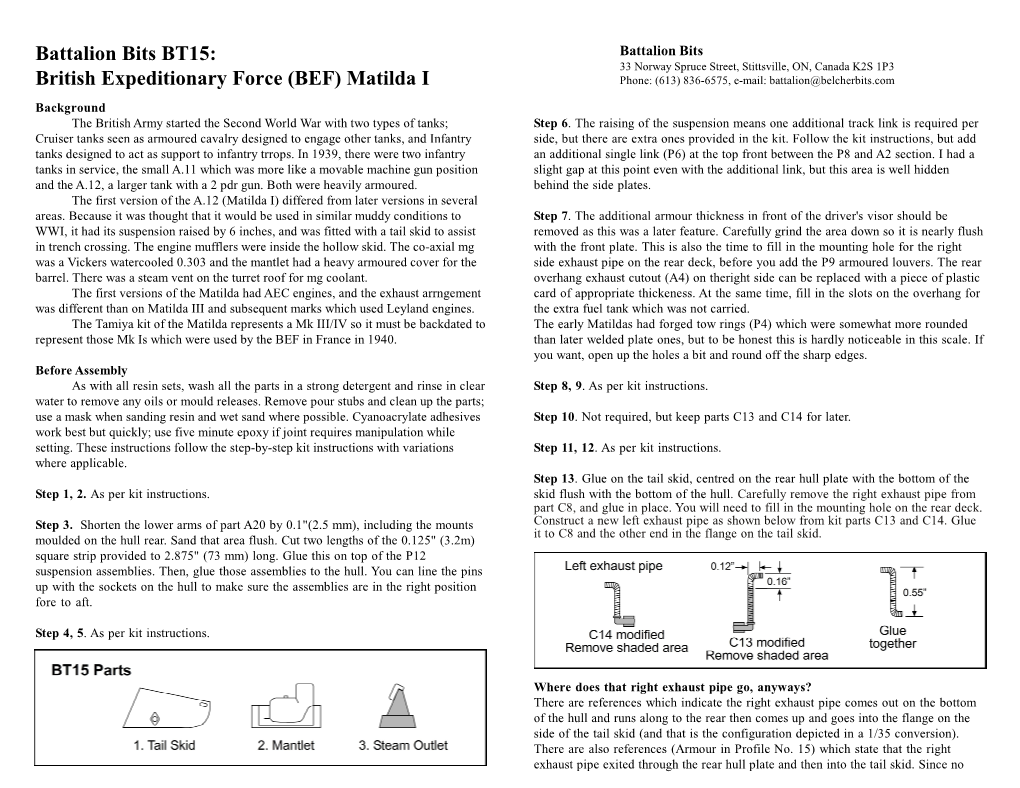 (BEF) Matilda I Phone: (613) 836-6575, E-Mail: Battalion@Belcherbits.Com Background the British Army Started the Second World War with Two Types of Tanks; Step 6