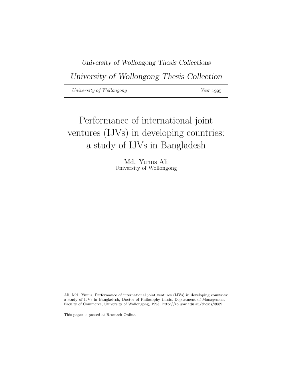 Performance of International Joint Ventures (Ijvs) in Developing Countries: a Study of Ijvs in Bangladesh