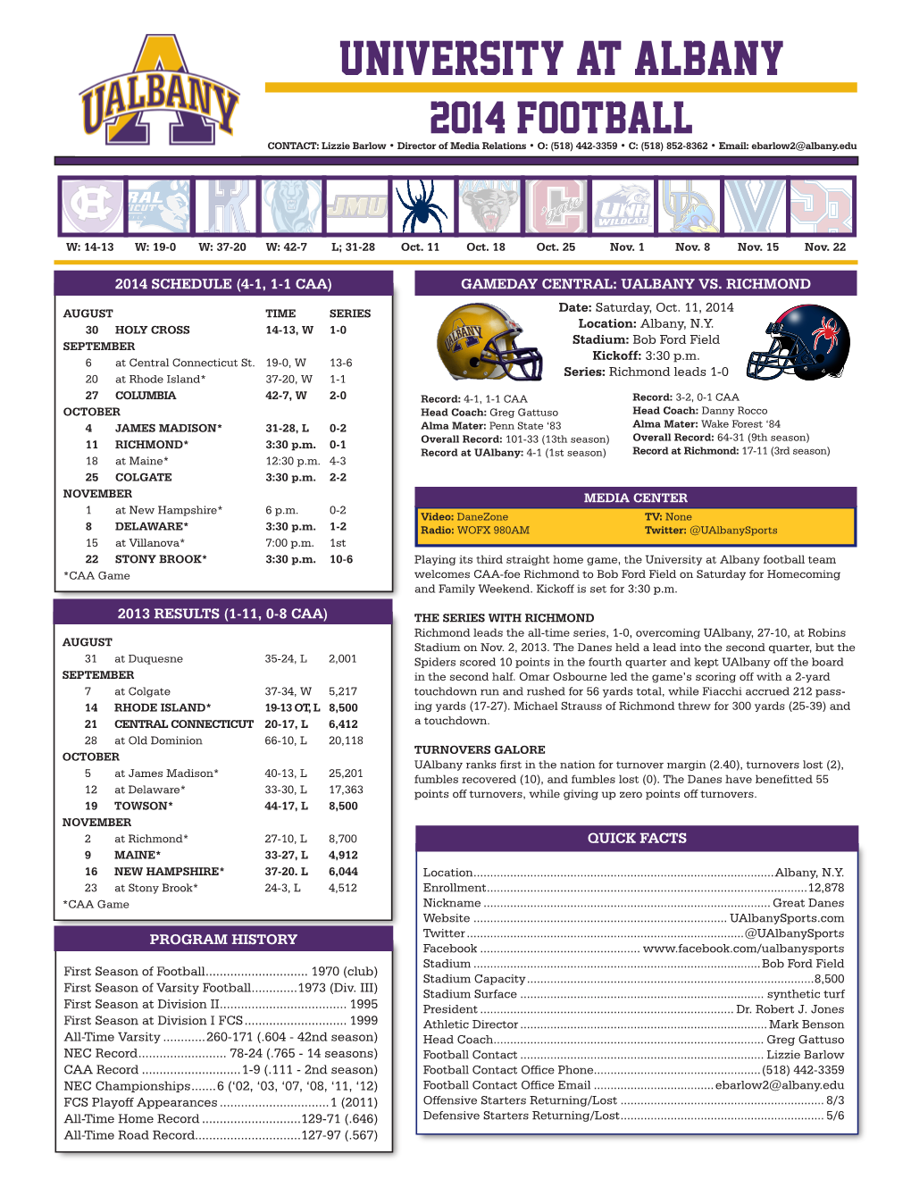 UNIVERSITY at ALBANY 2014 FOOTBALL CONTACT: Lizzie Barlow • Director of Media Relations • O: (518) 442-3359 • C: (518) 852-8362 • Email: Ebarlow2@Albany.Edu