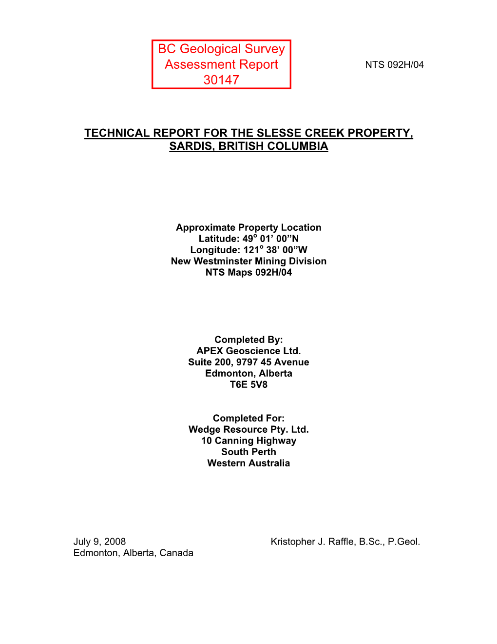 BC Geological Survey Assessment Report 30147
