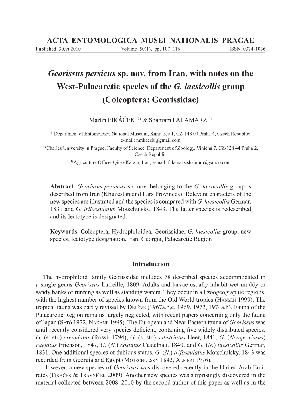 Georissus Persicus Sp. Nov. from Iran, with Notes on the West-Palaearctic Species of the G