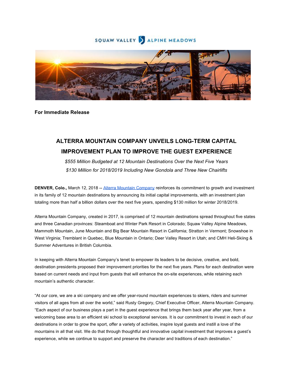 Alterra Mountain Company Unveils Long-Term Capital Improvement