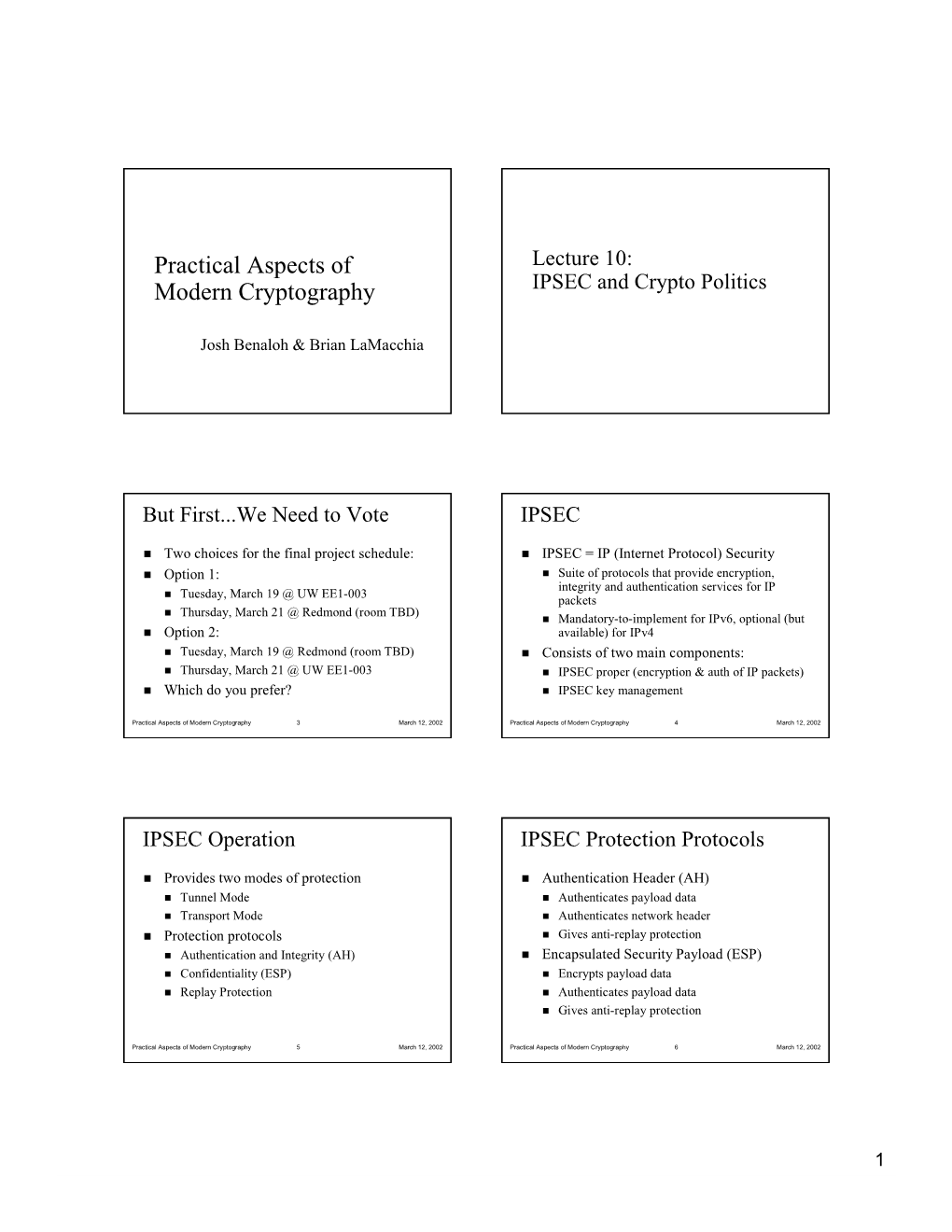 Practical Aspects of Modern Cryptography 3 March 12, 2002 Practical Aspects of Modern Cryptography 4 March 12, 2002