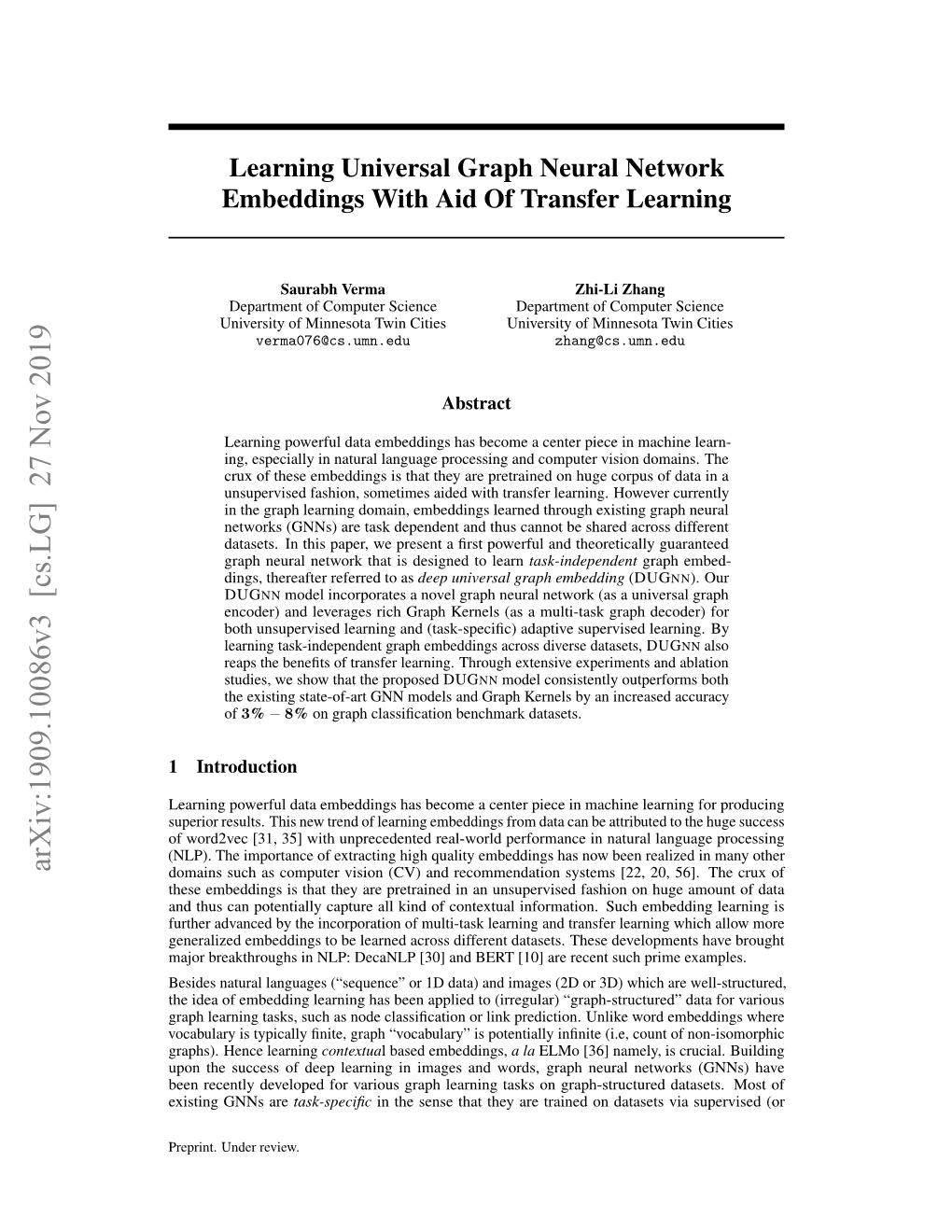Learning Universal Graph Neural Network Embeddings with Aid of Transfer Learning