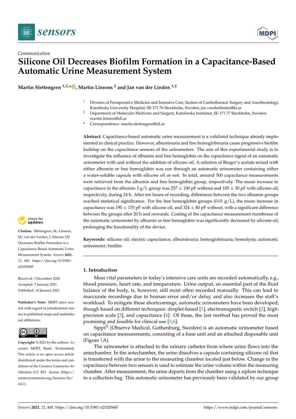 Silicone Oil Decreases Biofilm Formation in a Capacitance-Based Automatic Urine Measurement System