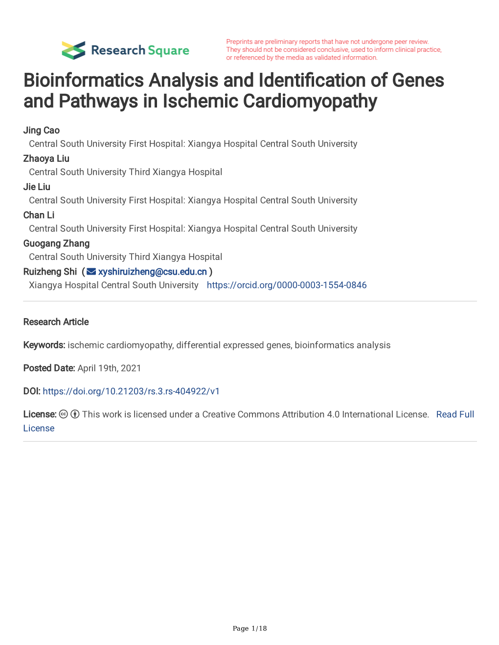 Bioinformatics Analysis and Identi Cation of Genes and Pathways In