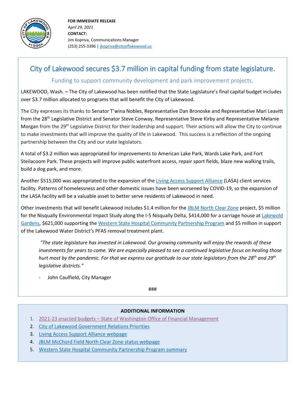 City of Lakewood Secures $3.7 Million in Capital Funding from State Legislature