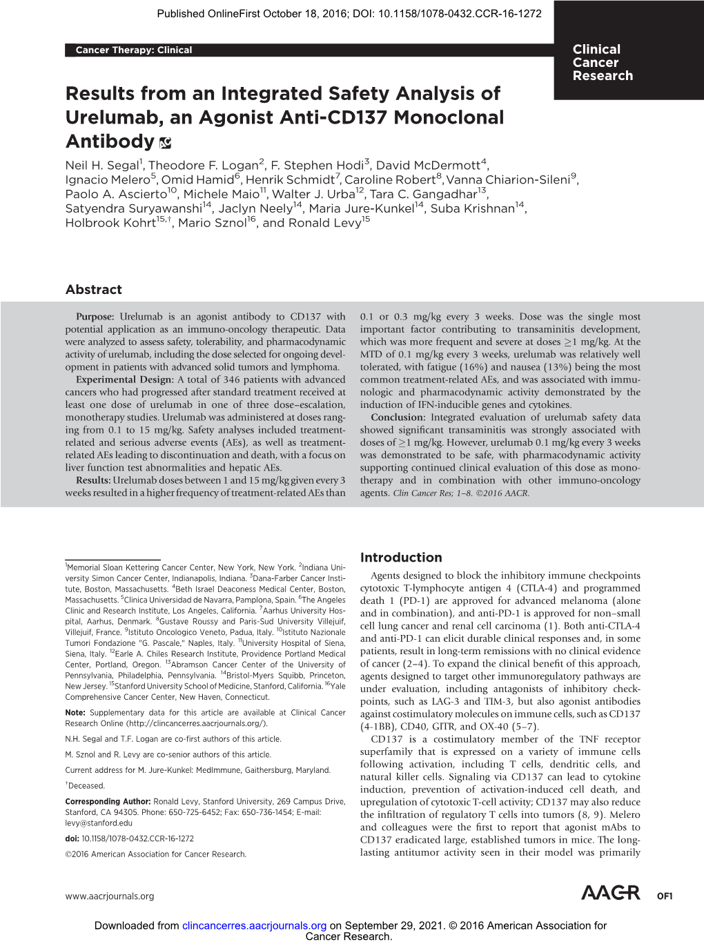 Results from an Integrated Safety Analysis of Urelumab, an Agonist Anti-CD137 Monoclonal Antibody Neil H