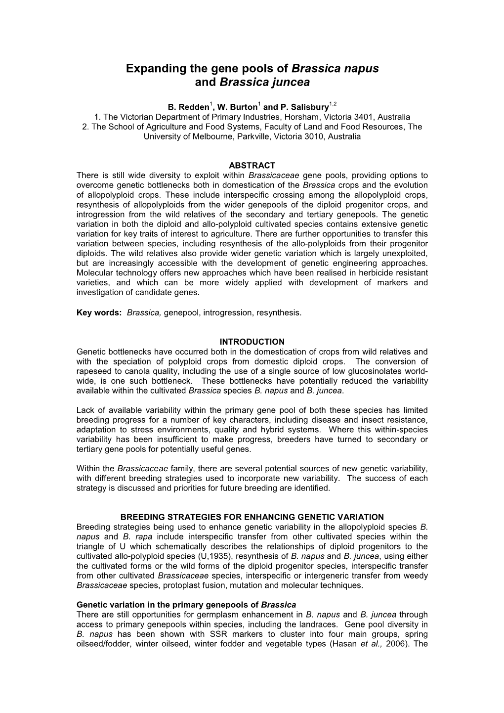 Expanding the Gene Pools of Brassica Napus and Brassica Juncea