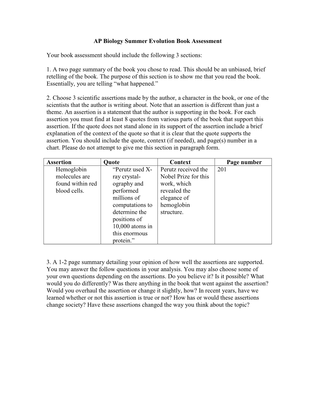 AP Biology Summer Evolution Book Assessment