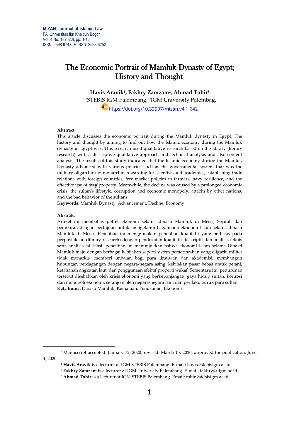 1 the Economic Portrait of Mamluk Dynasty of Egypt; History and Thought