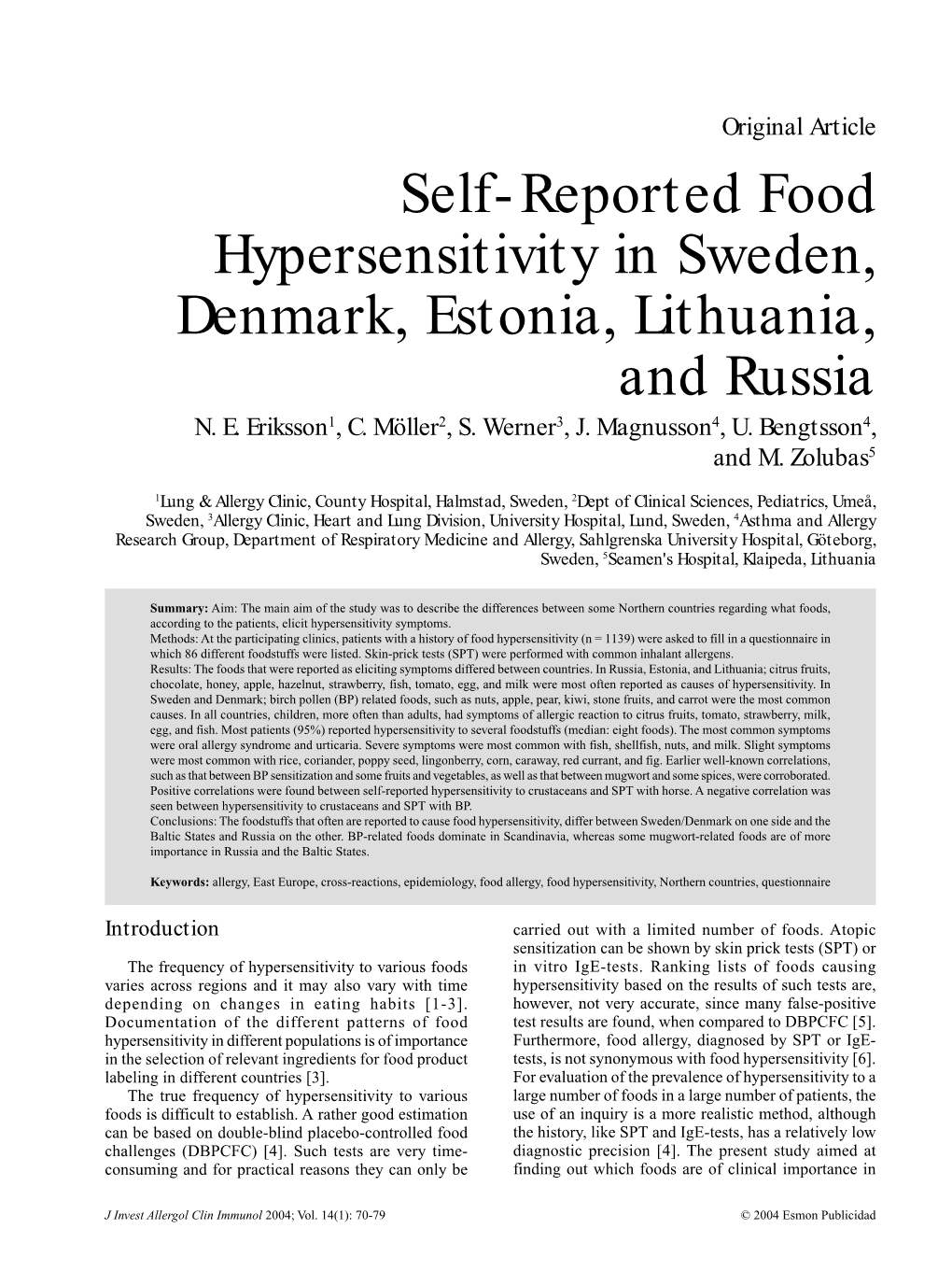 Self-Reported Food Hypersensitivity in Sweden, Denmark, Estonia, Lithuania, and Russia N