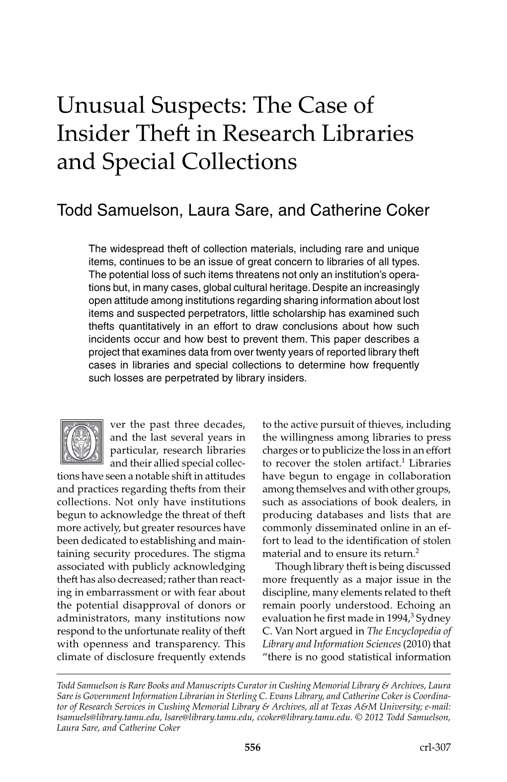 The Case of Insider Theft in Research Libraries and Special Collections