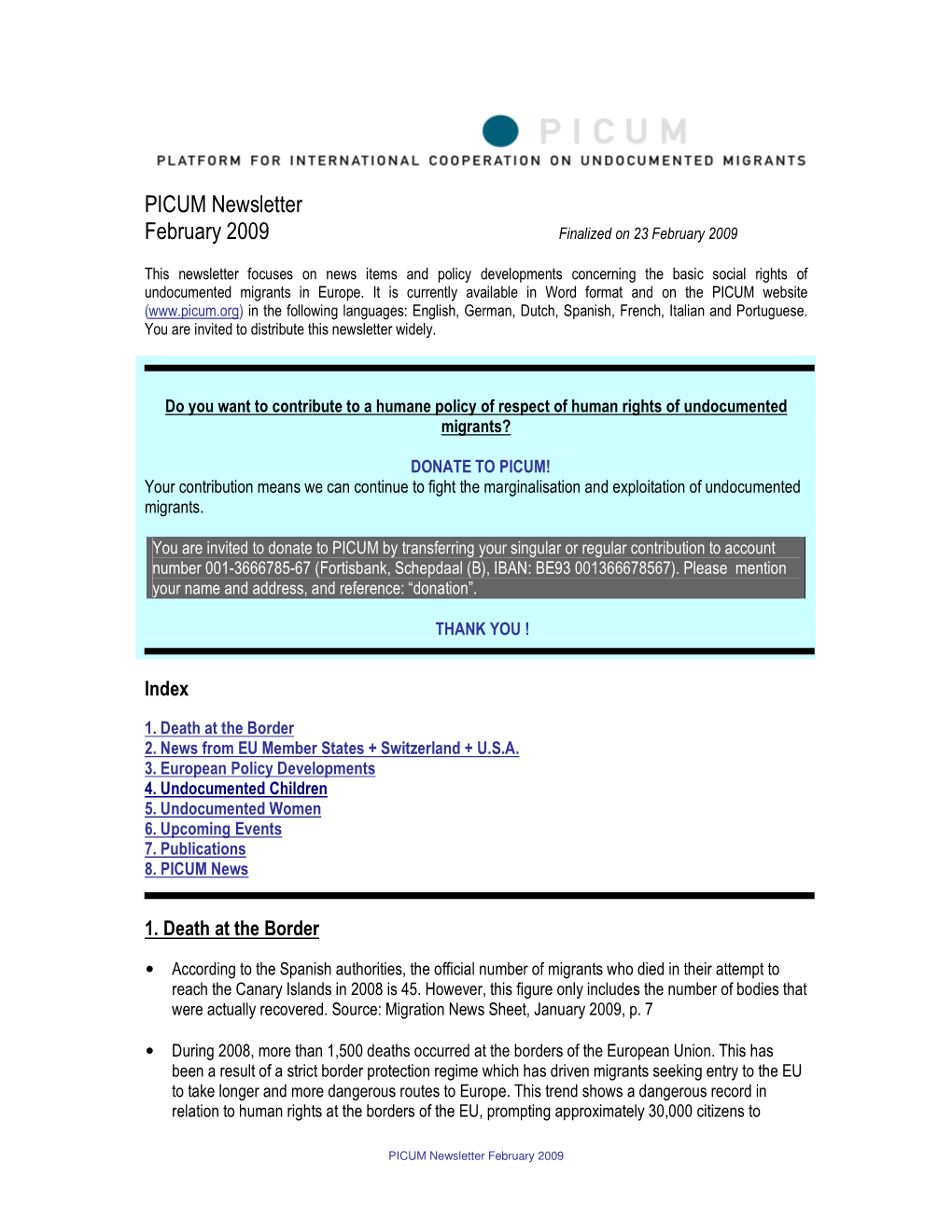PICUM Newsletter February 2009 Finalized on 23 February 2009