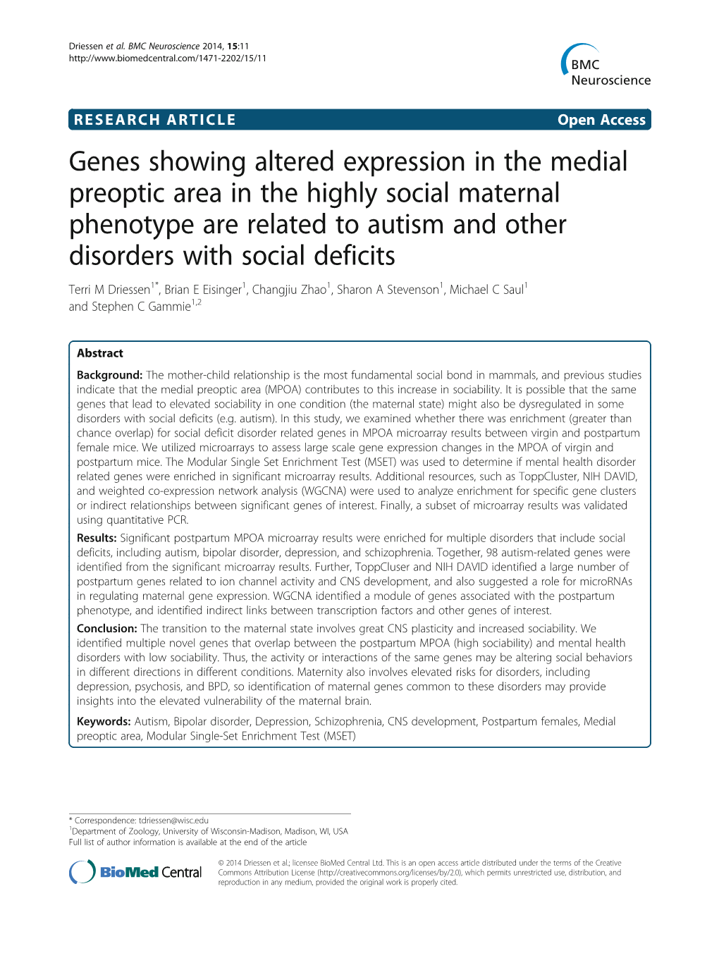 Genes Showing Altered Expression in the Medial Preoptic Area in The