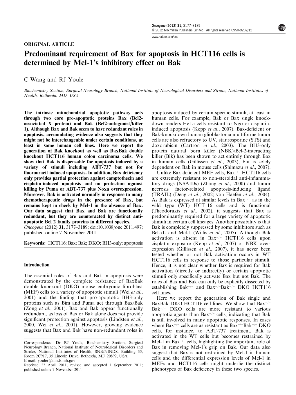 Predominant Requirement of Bax for Apoptosis in HCT116 Cells Is Determined by Mcl-1’S Inhibitory Effect on Bak