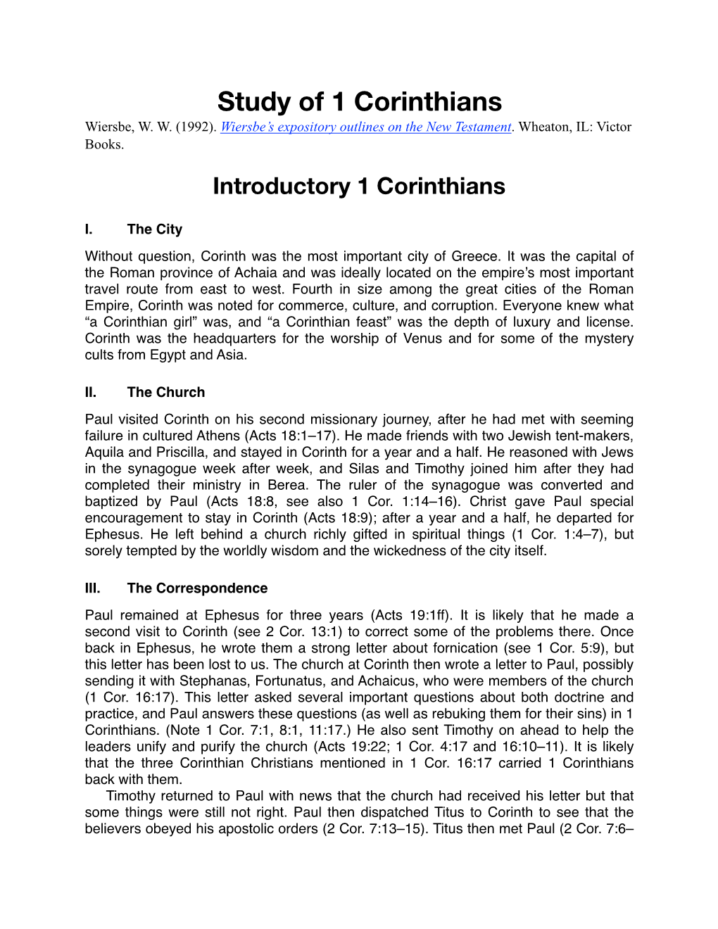 Study of 1 Corinthians Wiersbe, W