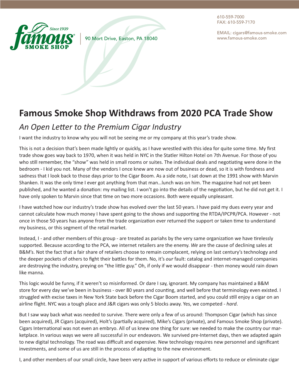 Famous Smoke Shop Withdraws from 2020 PCA Trade Show