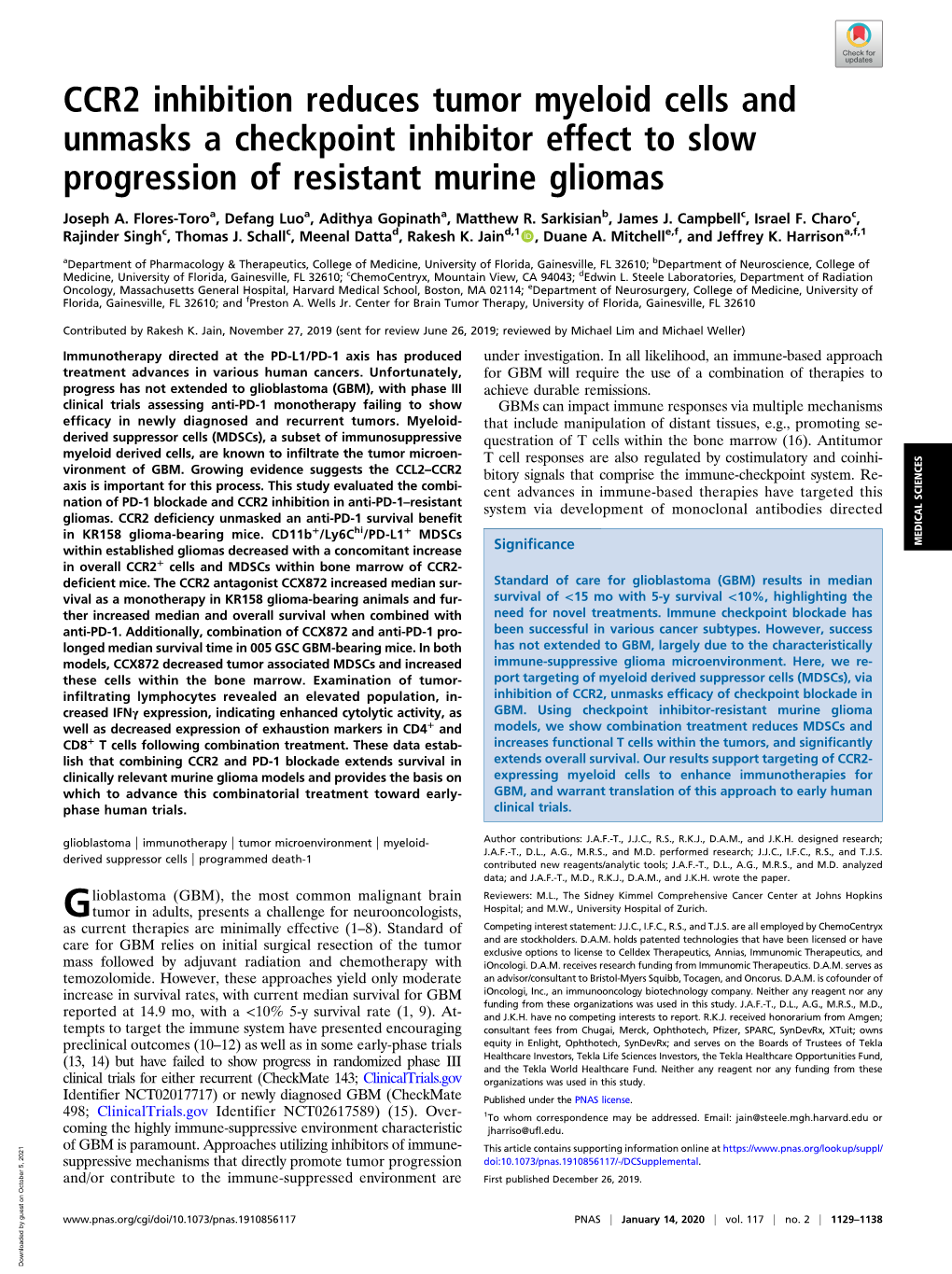 CCR2 Inhibition Reduces Tumor Myeloid Cells and Unmasks a Checkpoint Inhibitor Effect to Slow Progression of Resistant Murine Gliomas