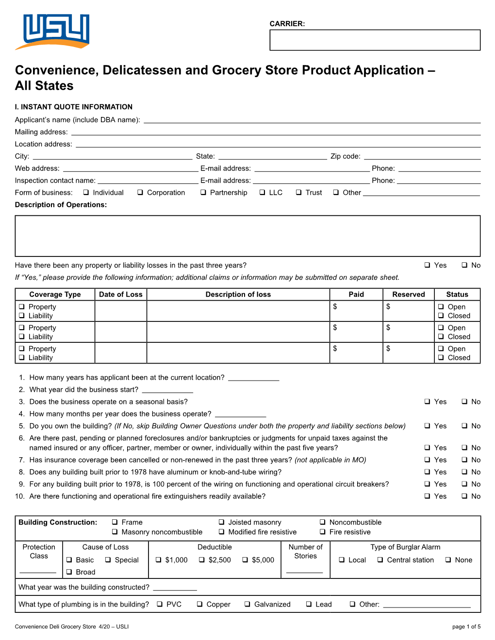 Convenience, Delicatessen and Grocery Store Product Application – All States