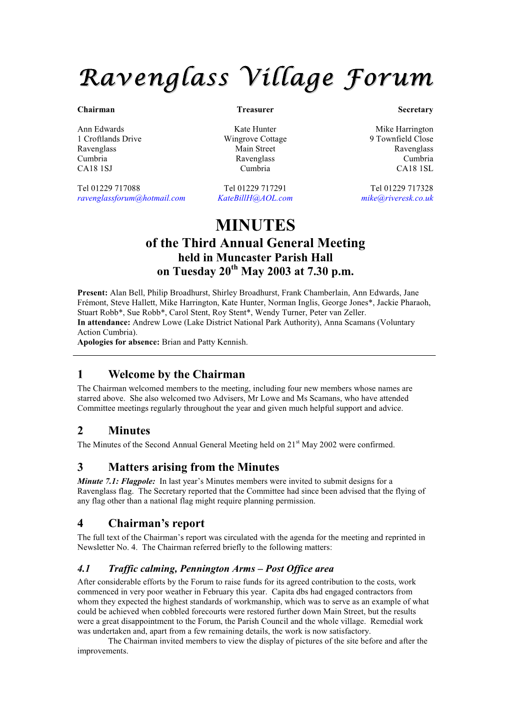Ravenglass Village Forum 3Rd AGM, 20-5-03: Minutes
