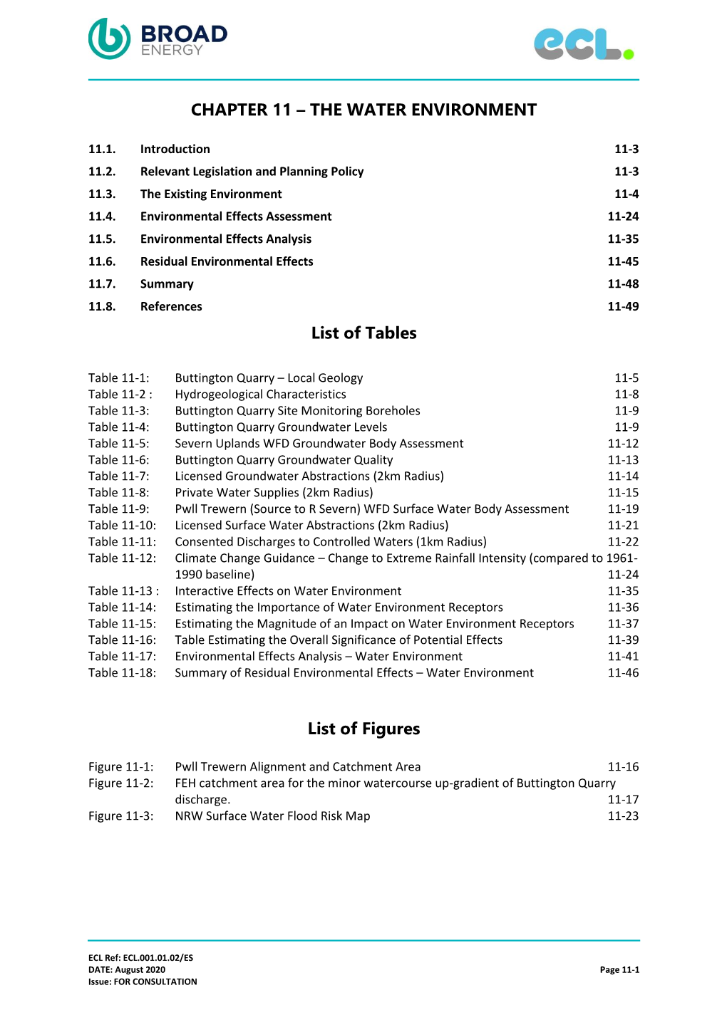 CHAPTER 11 – the WATER ENVIRONMENT List of Tables List