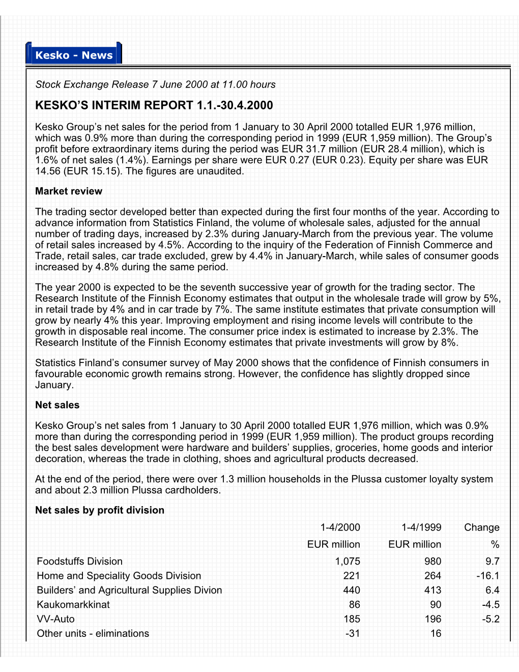 Kesko Corporation’S Board of Directors and Profit Divisions Was Redefined