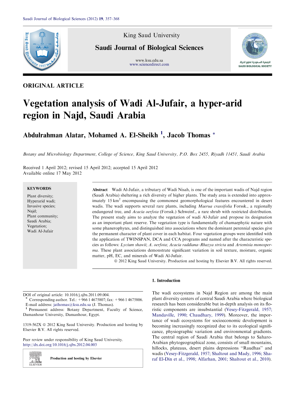 Vegetation Analysis of Wadi Al-Jufair, a Hyper-Arid Region in Najd, Saudi Arabia