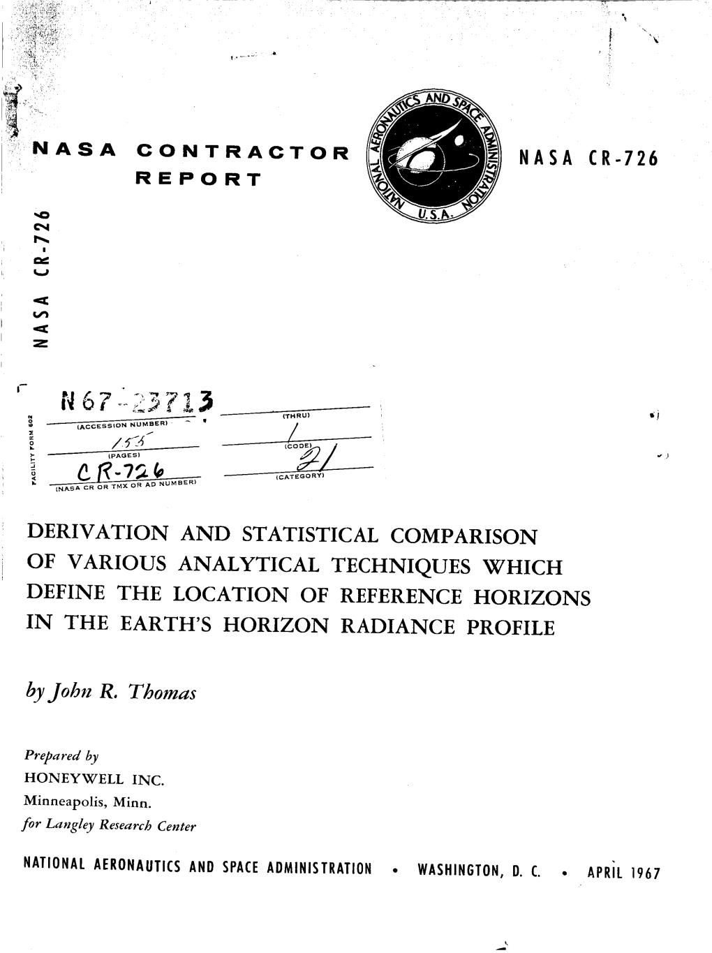 Nasa Cr-726 __' ! Derivation and Statistical Comparison of Various Analytical Techniques Which Define the Location of Reference