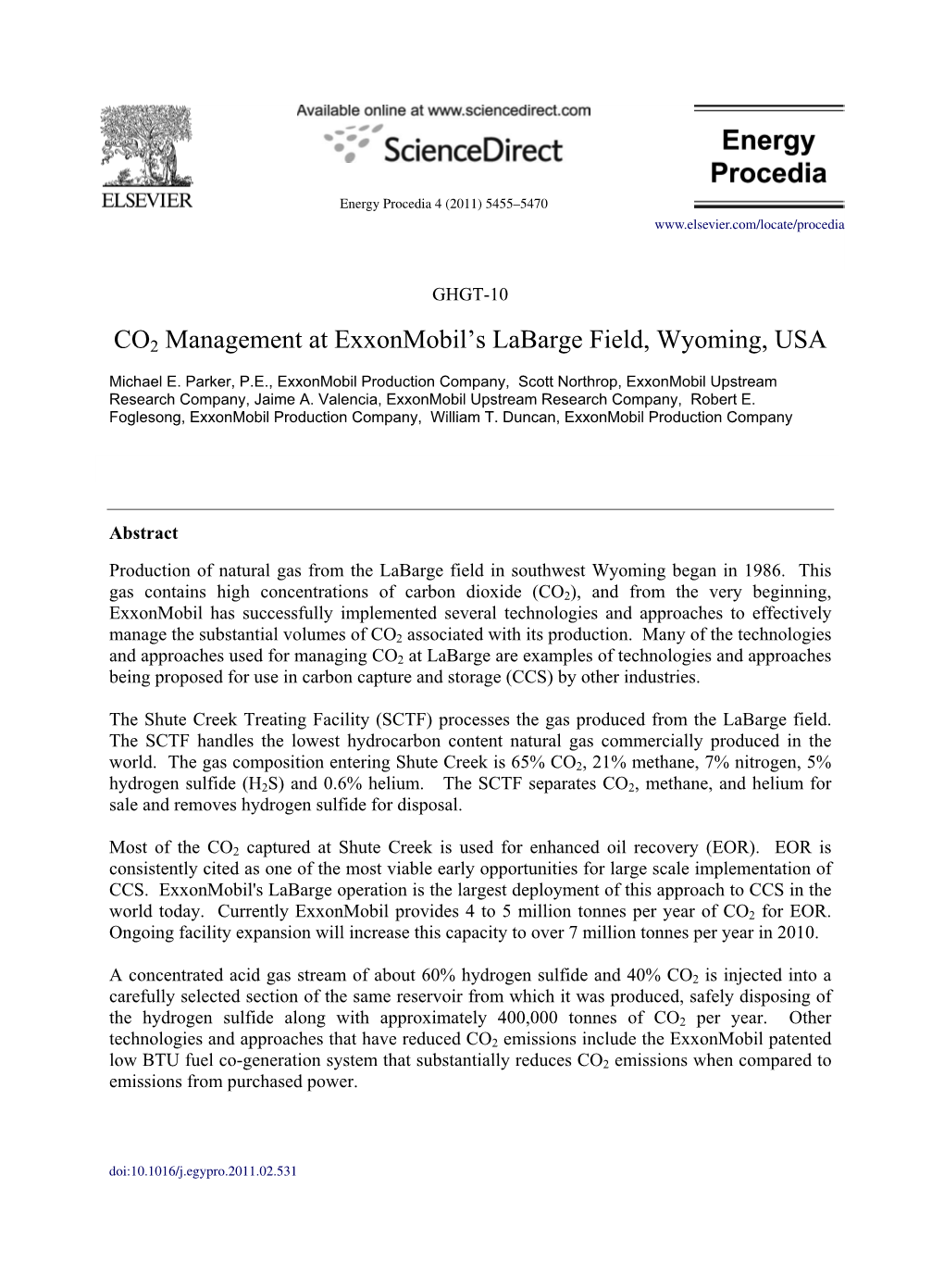 CO2 Management at Exxonmobil’S Labarge Field, Wyoming