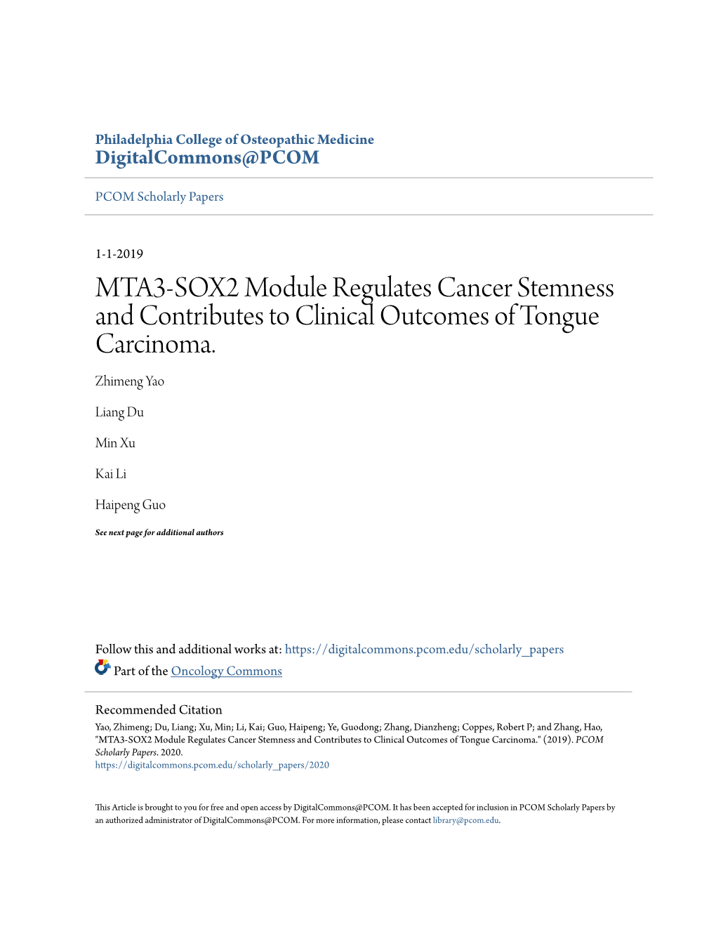 MTA3-SOX2 Module Regulates Cancer Stemness and Contributes to Clinical Outcomes of Tongue Carcinoma