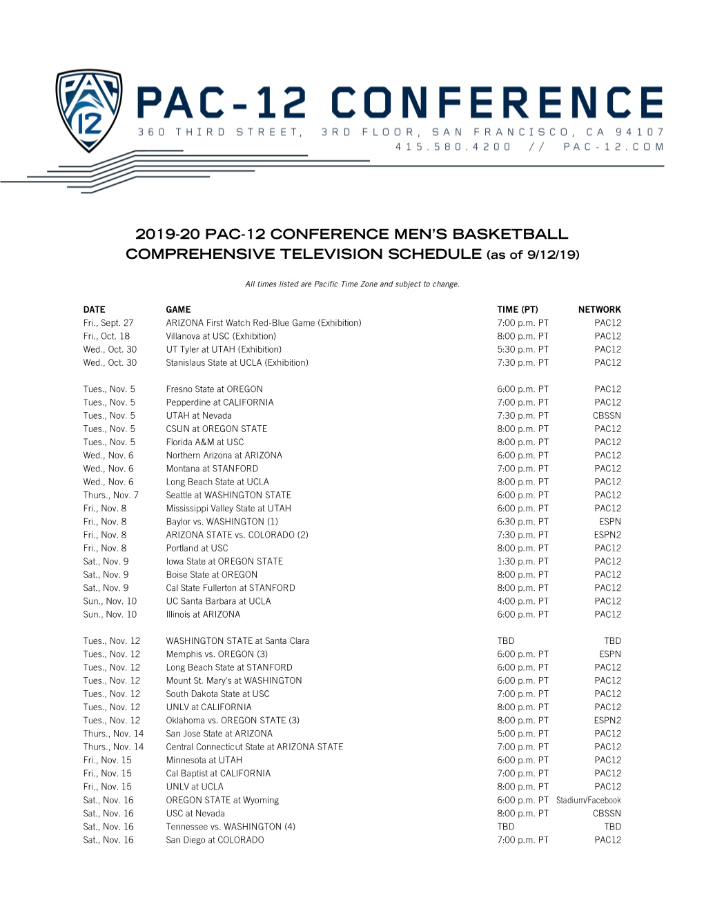 2019-20 Pac-12 Men's Basketball TV Schedule