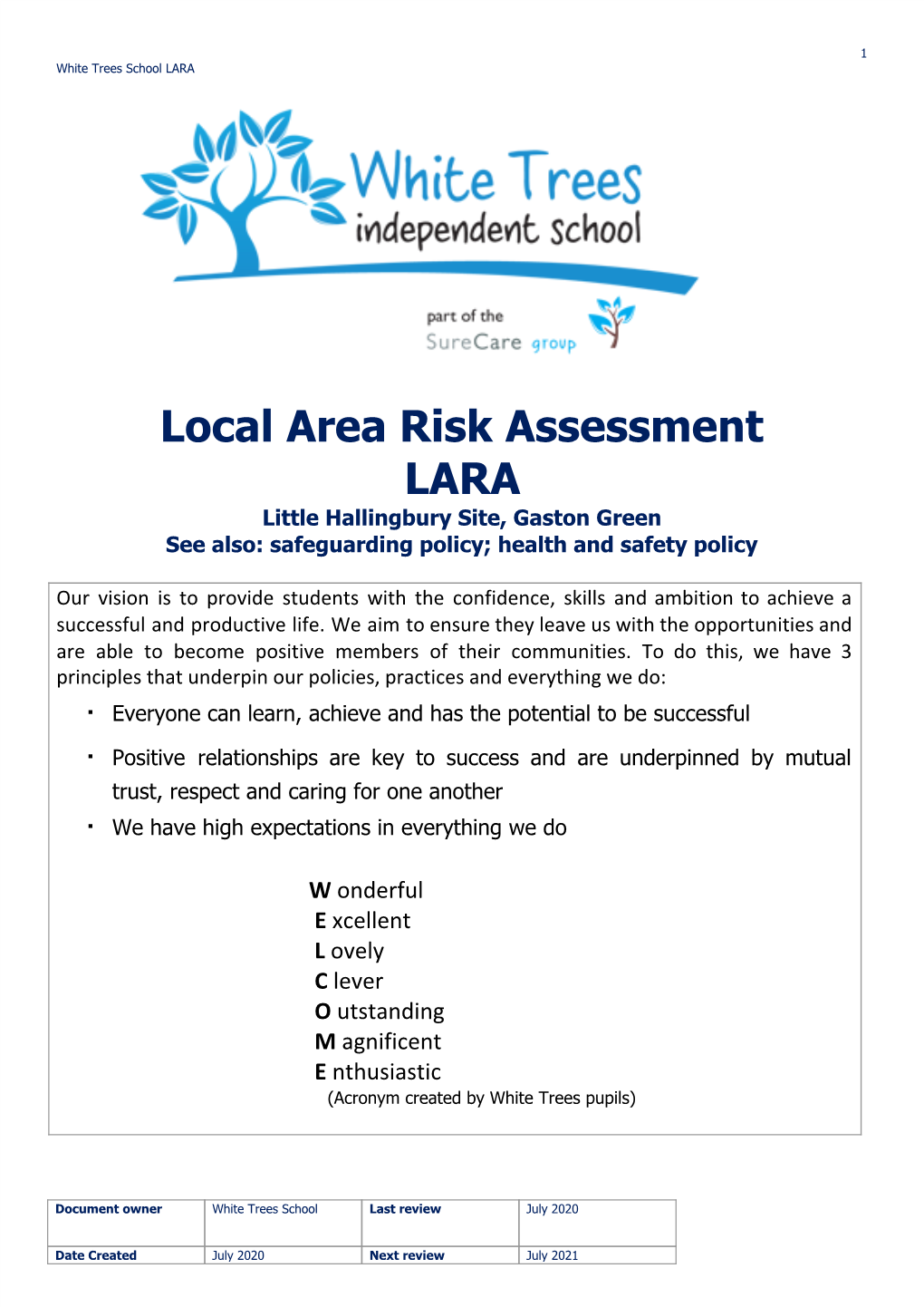 Local Area Risk Assessment LARA Little Hallingbury Site, Gaston Green See Also: Safeguarding Policy; Health and Safety Policy