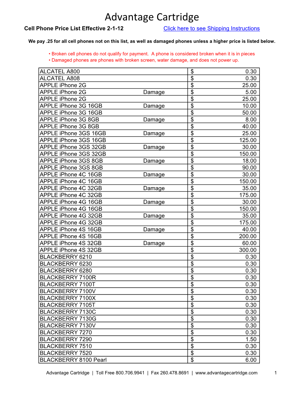 Advantage Cartridge Cell Phone Price List Effective 2-1-12 Click Here to See Shipping Instructions