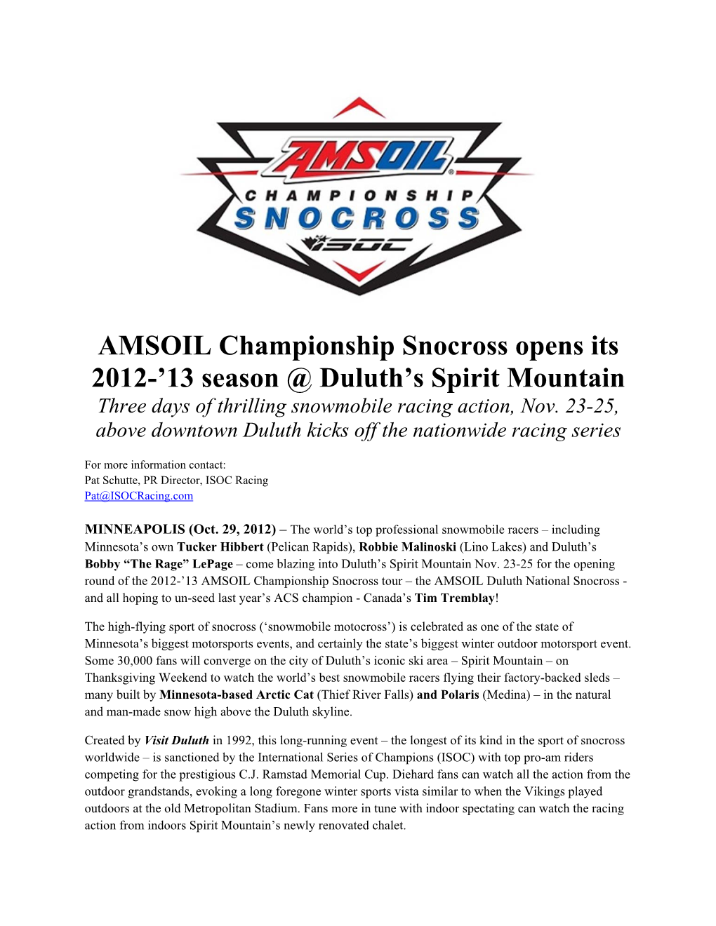 AMSOIL Championship Snocross Opens Its 2012-'13 Season @ Duluth's Spirit Mountain