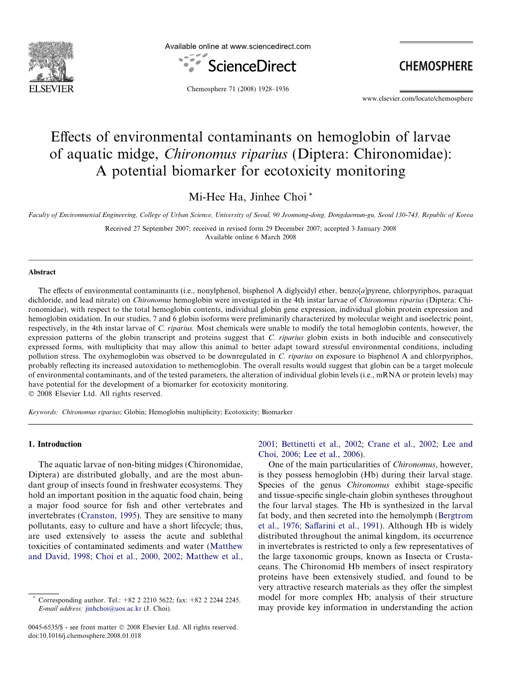 Effects of Environmental Contaminants on Hemoglobin of Larvae of Aquatic