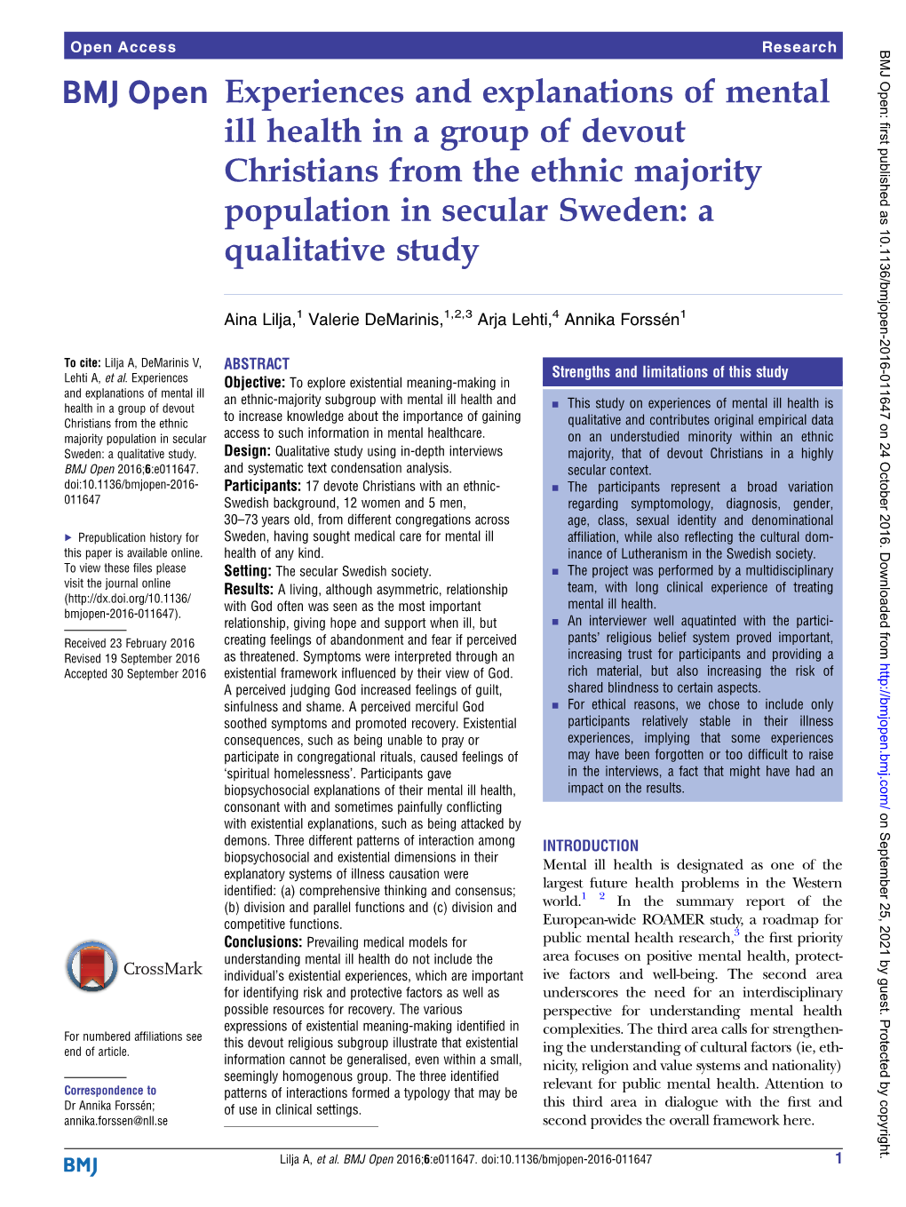 Experiences and Explanations of Mental Ill Health in a Group of Devout Christians from the Ethnic Majority Population in Secular Sweden: a Qualitative Study