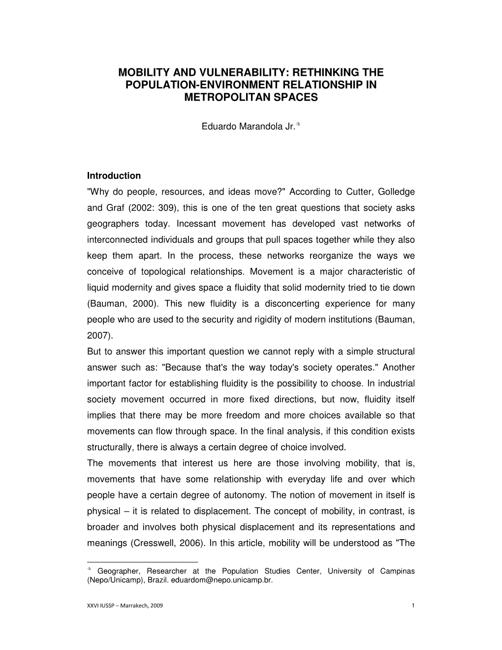 Mobility and Vulnerability: Rethinking the Population-Environment Relationship in Metropolitan Spaces